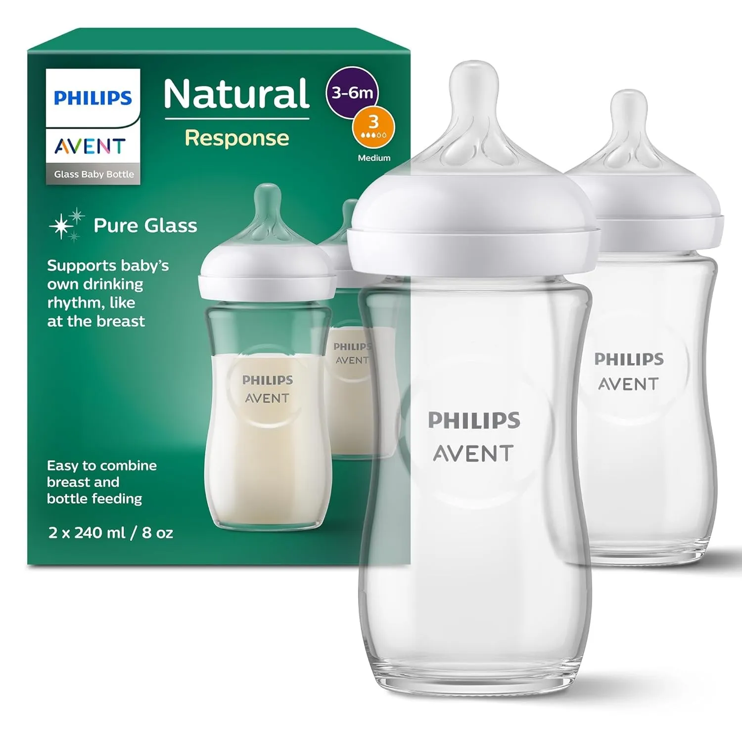 Philips AVENT Natural Response Glas-Babyflasche: 2 x 240 ml BPA-freie Flaschen für Neugeborene von 3–6 Monaten (Modell …