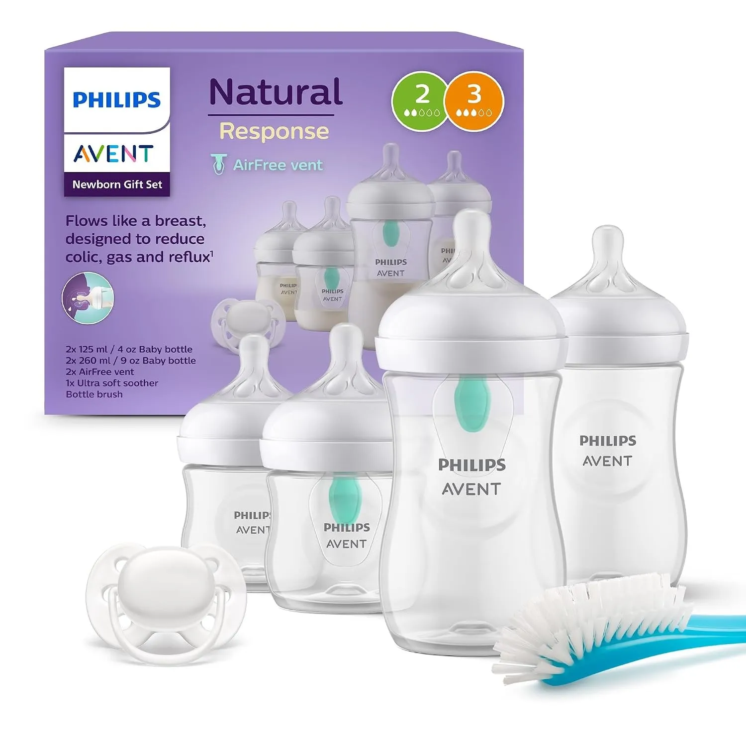 Philips AVENT Babyflaschen mit AirFree Ventil, Geschenkset für Neugeborene – 4 Babyflaschen, ultra soft Schnuller und F…