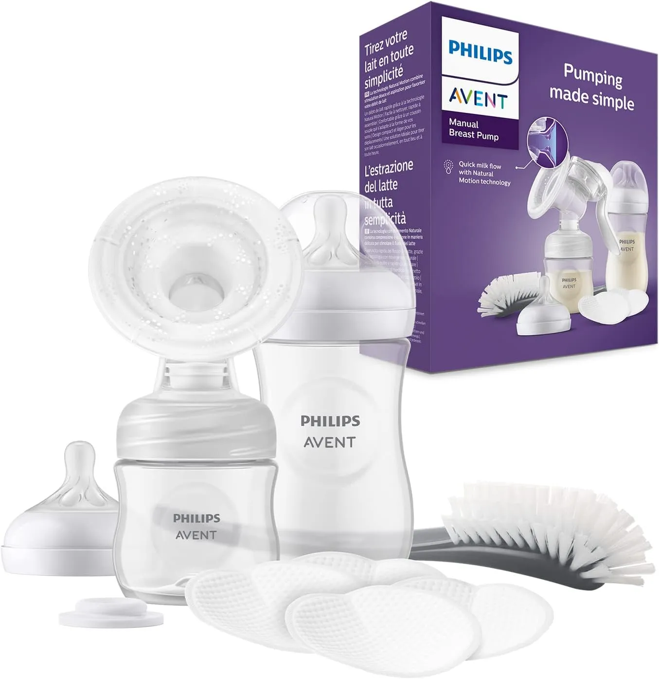 Philips AVENT Handmilchpumpe, Geschenkset – Einzelmilchpumpe, Babyflachen mit 260 ml und 125 ml, BPA-frei, 4 Einweg-Sti…