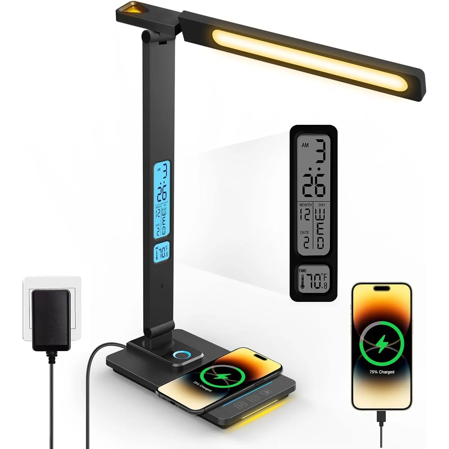 Schreibtischlampe LED Dimmbar mit Ladefunktion Uhr - Tischlampe Nachtlicht mit 10W Kabellosem Ladegerät, USB-Ladeanschl…