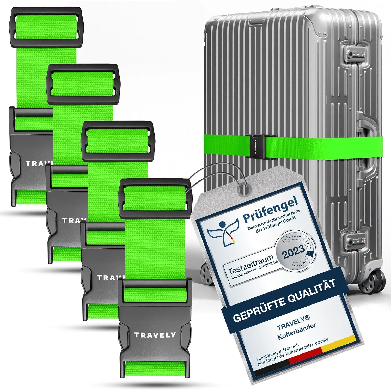 Travely® Premium Koffergurt - Besonders Auffällig & Sicher - Inkl. 4 Namensschildern - Gepäckband ideal über Kreuz - [4…