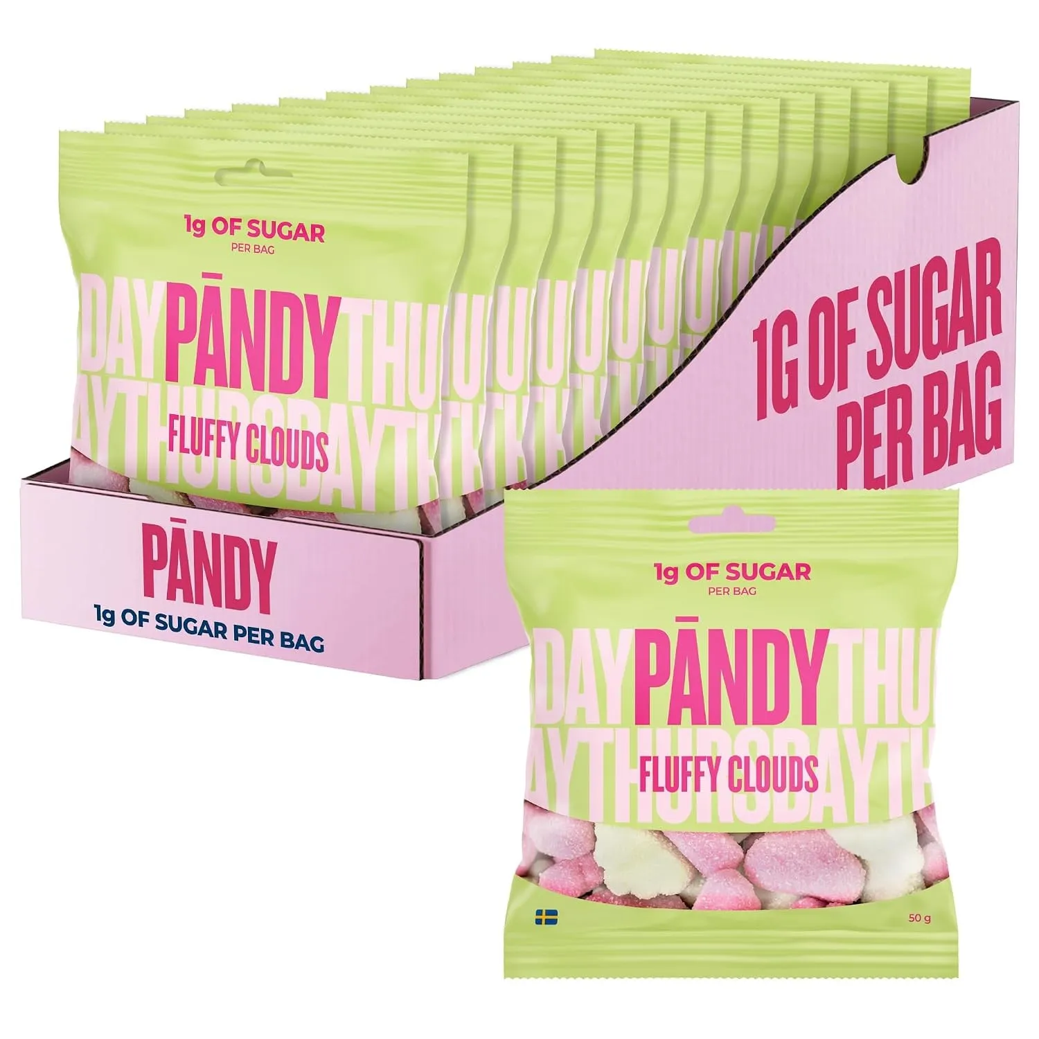 Pändy Süßigkeiten Fluffy Clouds Gummibärchen, unter 1g Zucker, 14x 50g