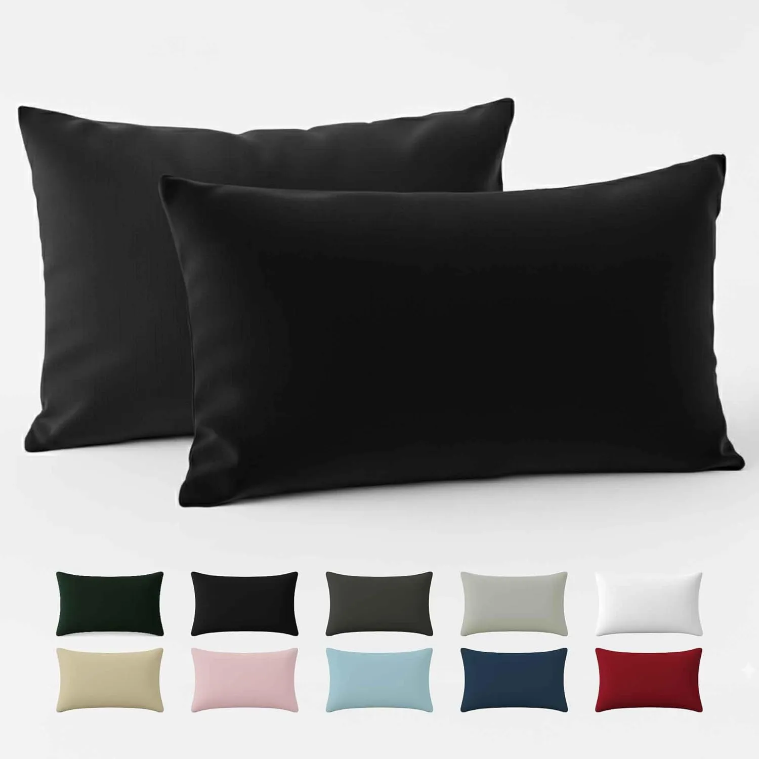 Dreamzie Renforcé Cotton Pillowcase/Cushion Cover 40 x 60 cm (Set of 2), Black, Densely Woven with 57 Threads/cm², Oeko…