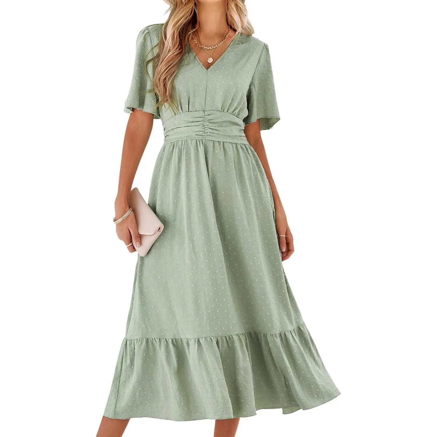 BebreezChic Sommerkleid Damen Lang Boho Elegant Kurzarm V-Ausschnitt Hohe Taille Swiss Dot Gerafft Blumen Strandkleid M…