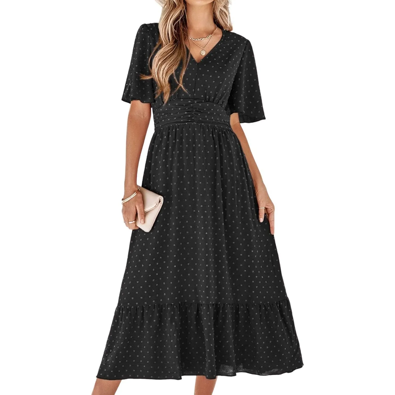 BebreezChic Sommerkleid Damen Lang Boho Elegant Kurzarm V-Ausschnitt Hohe Taille Swiss Dot Gerafft Blumen Strandkleid M…