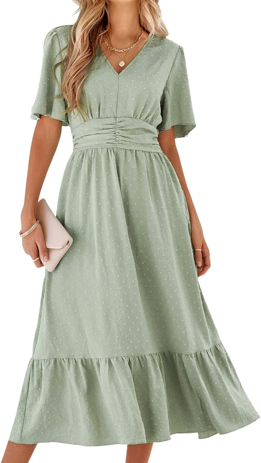 BebreezChic Summer Dress Women's Long Boho Elegant Short Sleeve V-Neck High Waist Swiss Dot Ruffled Flowers Beach Dress…