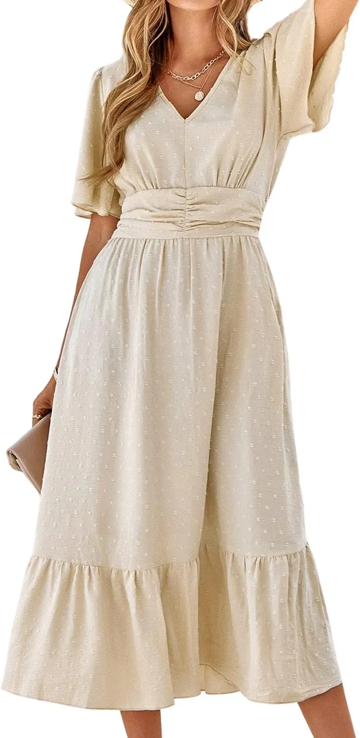 BebreezChic Summer Dress Women's Long Boho Elegant Short Sleeve V-Neck High Waist Swiss Dot Ruffled Flowers Beach Dress…
