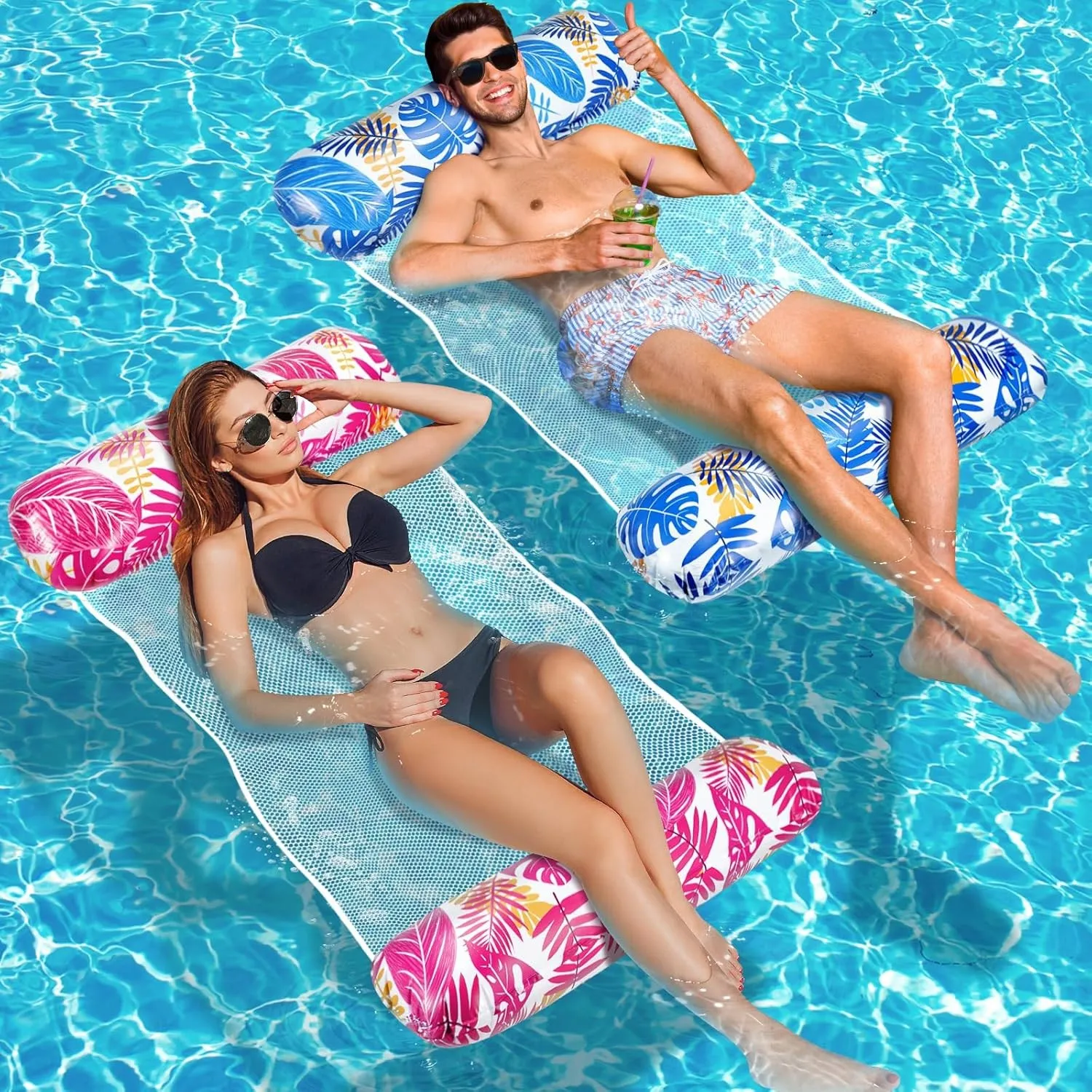 Amteker Luftmatratze Pool XL, 2 Stück Wasserhängematte Erwachsene, 4 in 1 Luftmatratze Wasser Pool Zubehör Spaß, Aufbla…