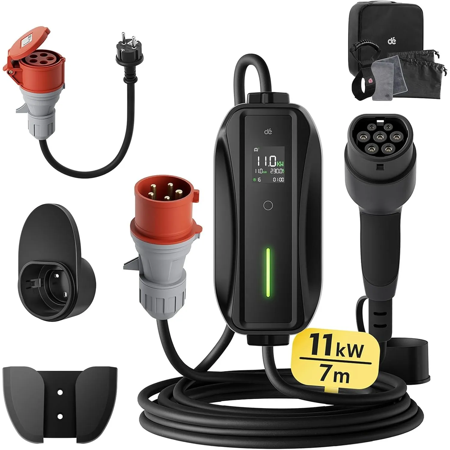 dé Mobile Wallbox 11kW [3-phasig,7m,6-16A] mit Einstellbarer Ladeleistung | Ladekabel für Auto CEE 16A 400V auf Typ 2 L…