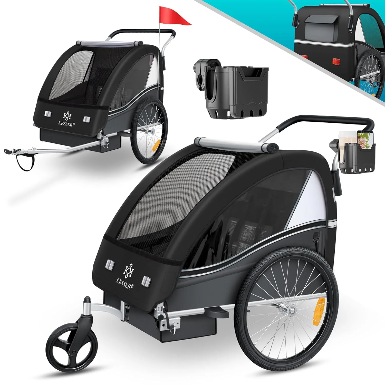 KESSER® Kinderfahrradanhänger Sport-RX 2in1 Jogger & Buggy 5-Punkt-Gurt Sicherheitsgurt 360° Vorderrad Kinderfahrradanh…