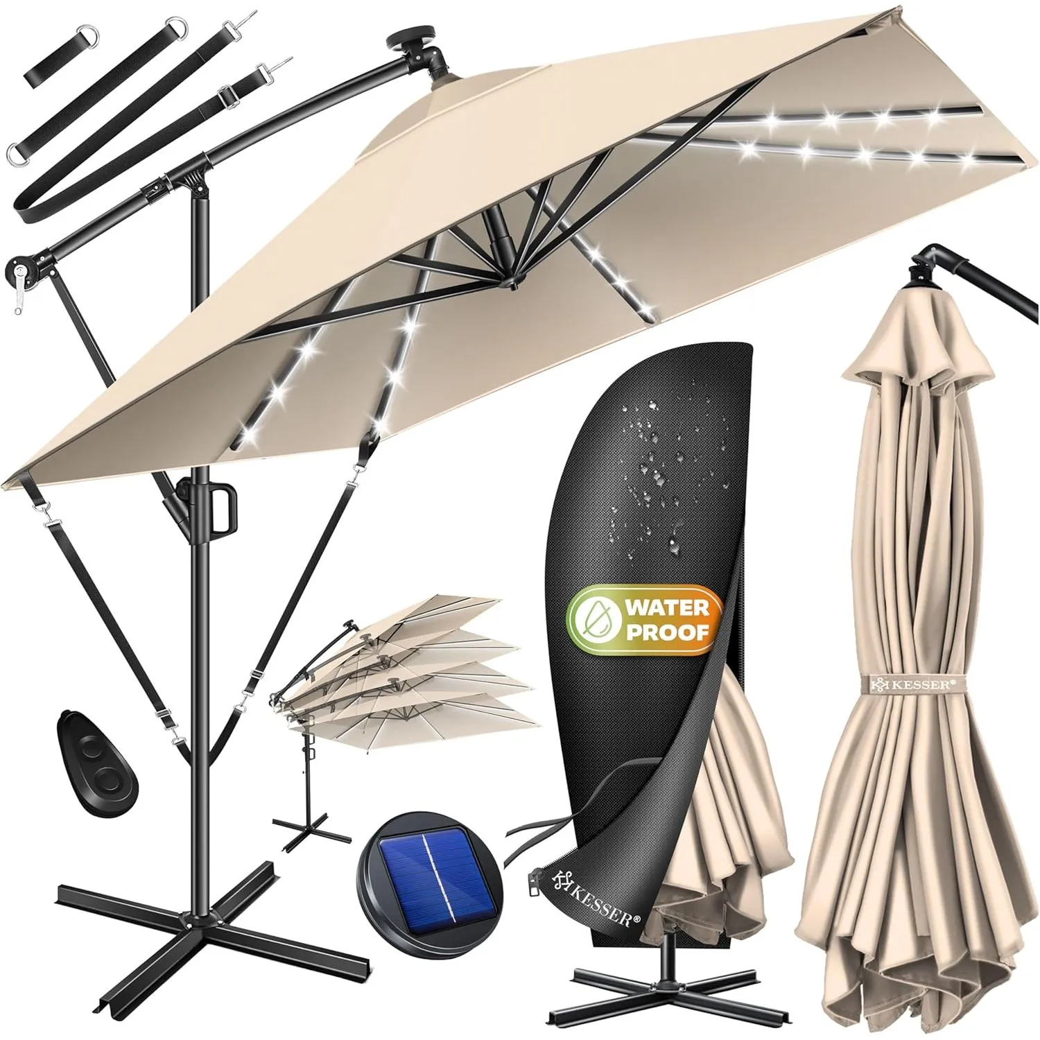 KESSER® Sonnenschirm 250x250cm mit LED Beleuchtung, Sonnenschirm Balkon, Garten, Sonnenschutz, Gestell & Ständer aus Al…