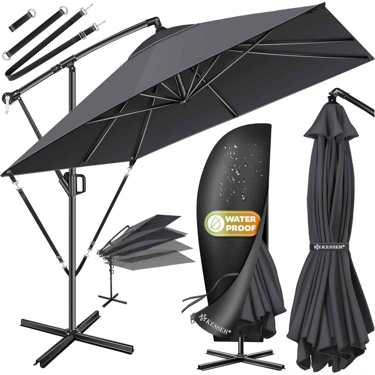 KESSER® Sonnenschirm 250x250cm, Kurbelschirm, Sonnenschirm Balkon, Garten, Sonnenschutz, Gestell & Ständer aus Alu + Ku…