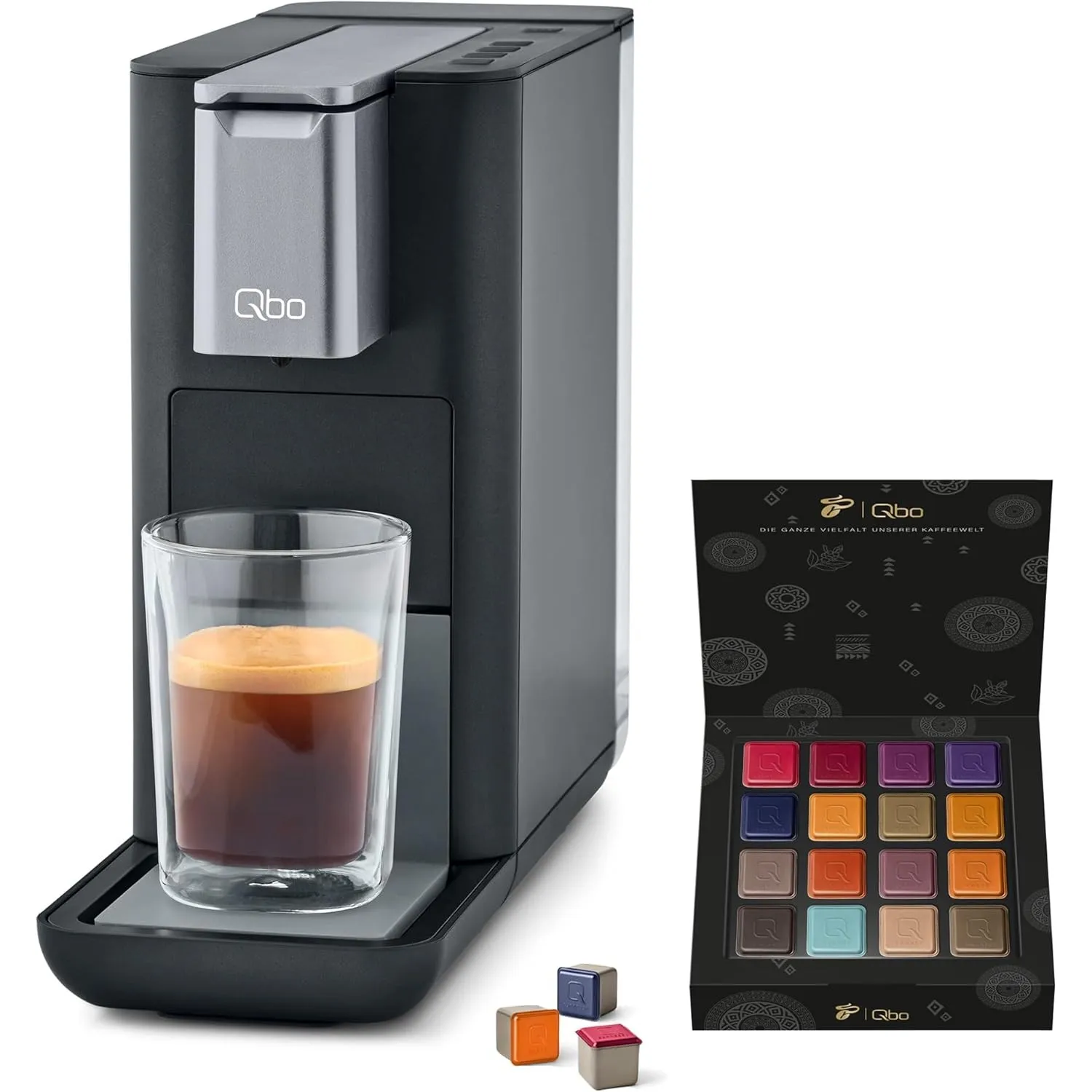 Tchibo Qbo ESSENTIAL Premium Kapselmaschine inkl. 16 recyclebare Qbo Kapseln für Espresso, Caffè und Caffè Grande, komp…