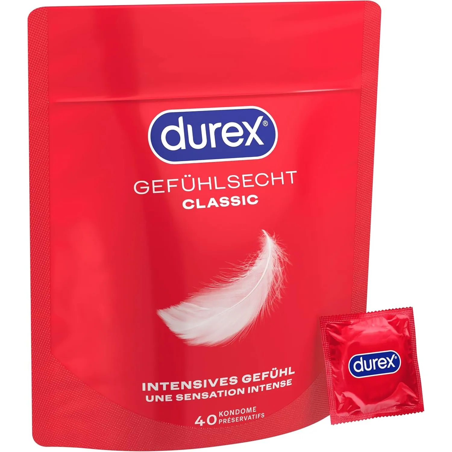 Durex Gefühlsecht Classic Kondome – Dünn für ein intensives Gefühl und innige Zweisamkeit, reguläre Passform (40 Stück)