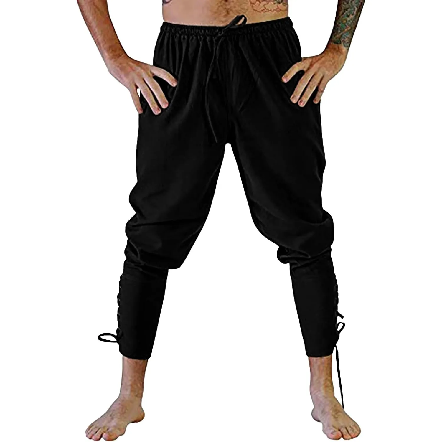 YAOHUOLE Herren Mittelalter Hose Vintage Freizeithose mit Taschen Renaissance Piratenhose Cosplay Kostüm Hose Herren La…