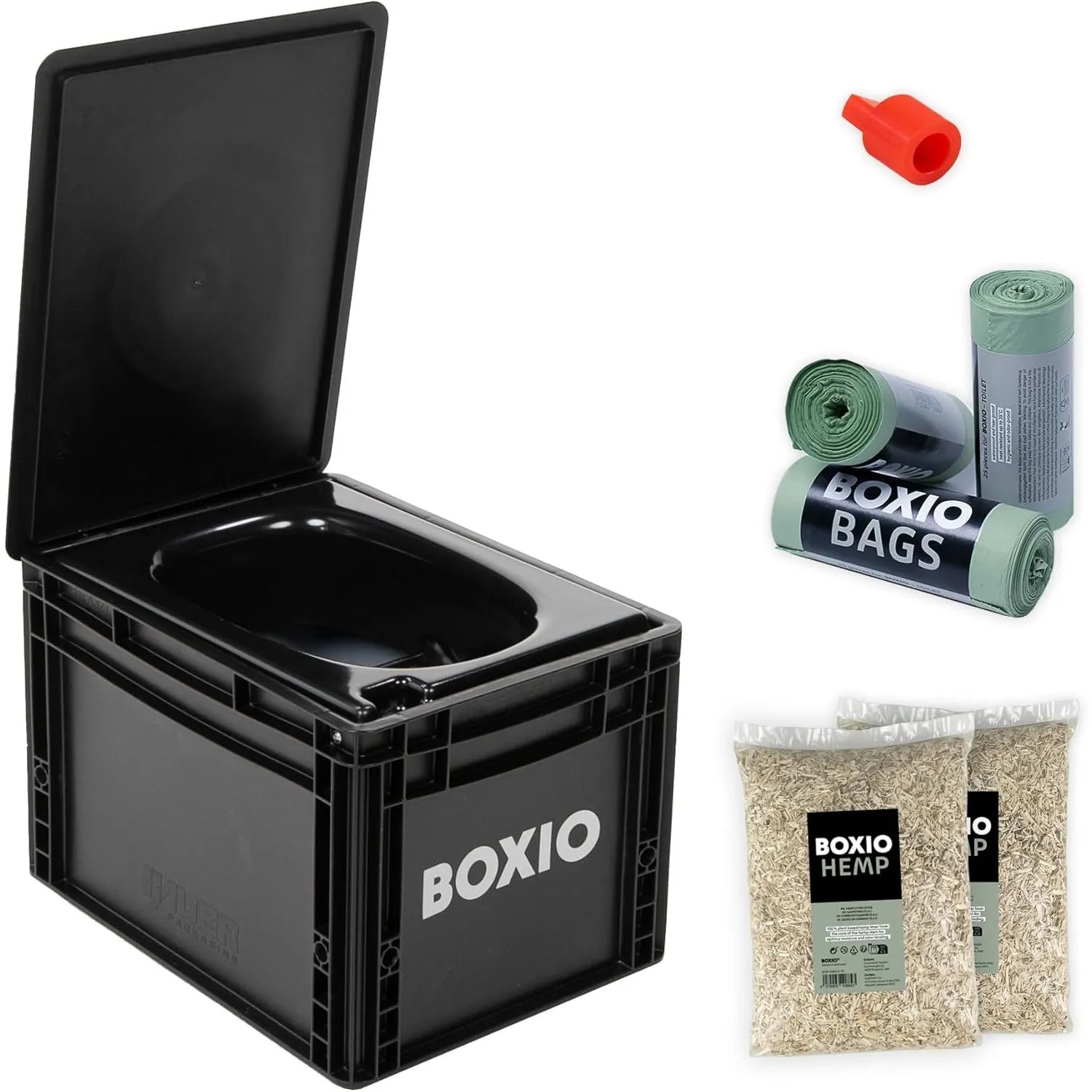 BOXIO - Toilet Plus: Campingtoilette Starter Kit mit Hemp, Plug & Bags, Mobile Trockentrenntoilette ohne Chemie für Cam…