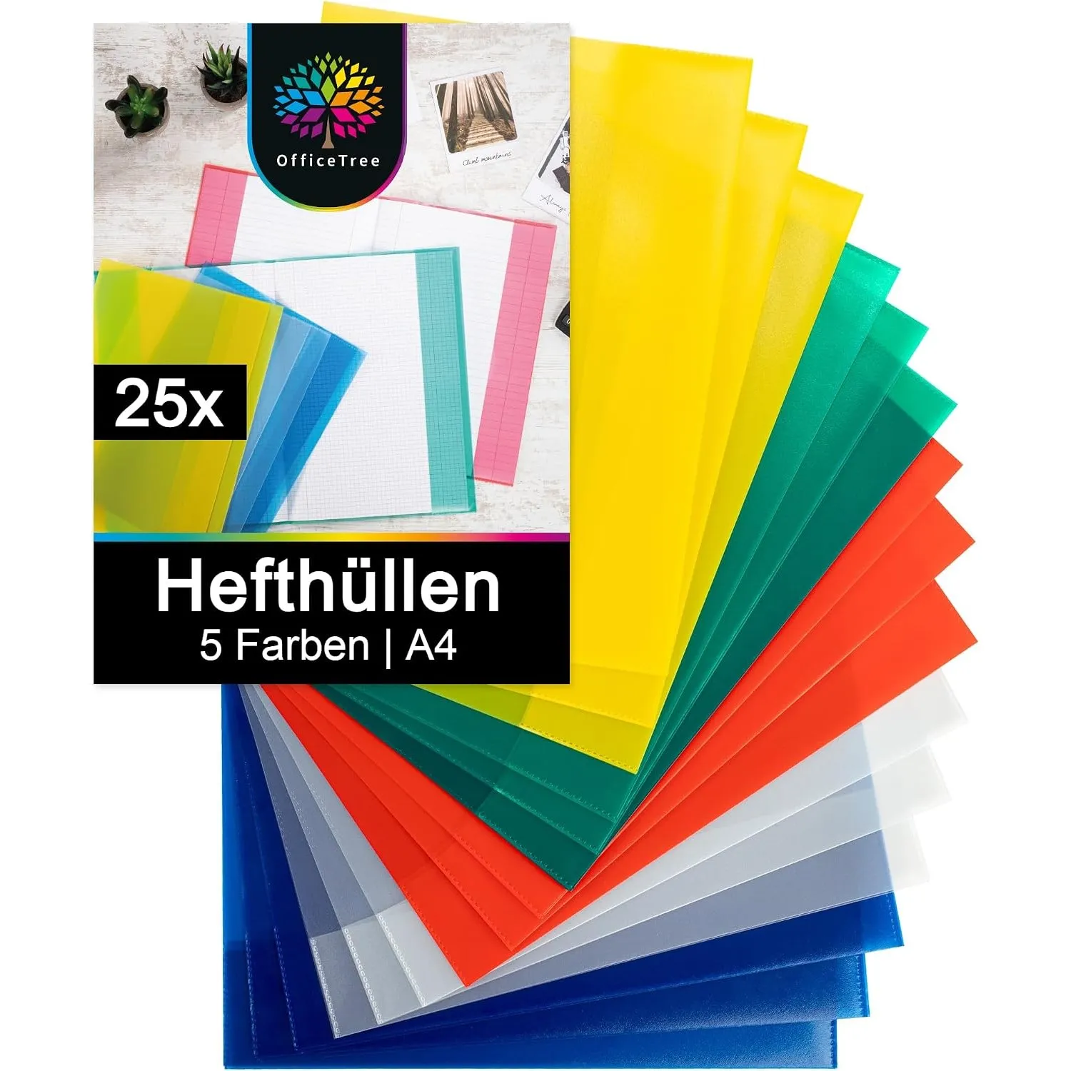 OfficeTree 25x Hefthüllen A4 Bunt - Heftumschläge A4 Bunt - Umschläge Heft - Heftschoner - Heftumschlag - Hefthülle - U…