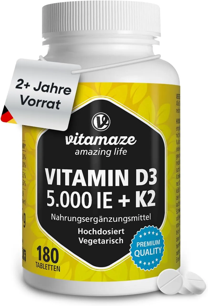 Vitamin D3 K2 5000 IE mit Vitamin K2 MK7 All Trans Form, 2+ Jahre Vorrat, 180 Tabletten Vitamin D ohne unnötige Zusatzs…
