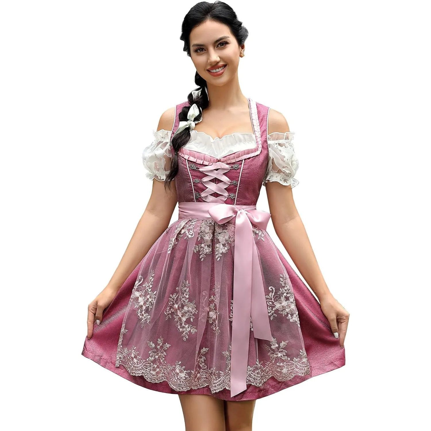 KOJOOIN Trachtenkleid Damen Dirndl Kurz Midi 3tlg. für Oktoberfest-DREI Teilig: Kleid, Bluse, Schürze