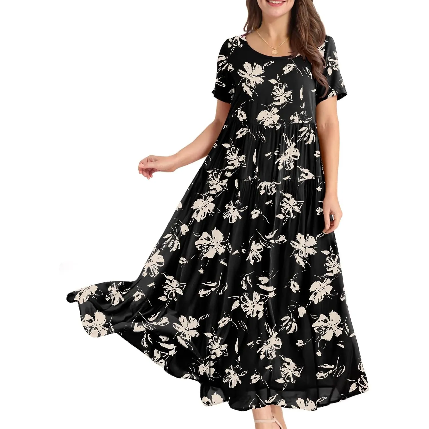 YESNO Damen Kleider Freizeit Lose Sommerkleid Lang Boho Maxikleid für Rundhals Strandkleid Blumenkleid EJFDE