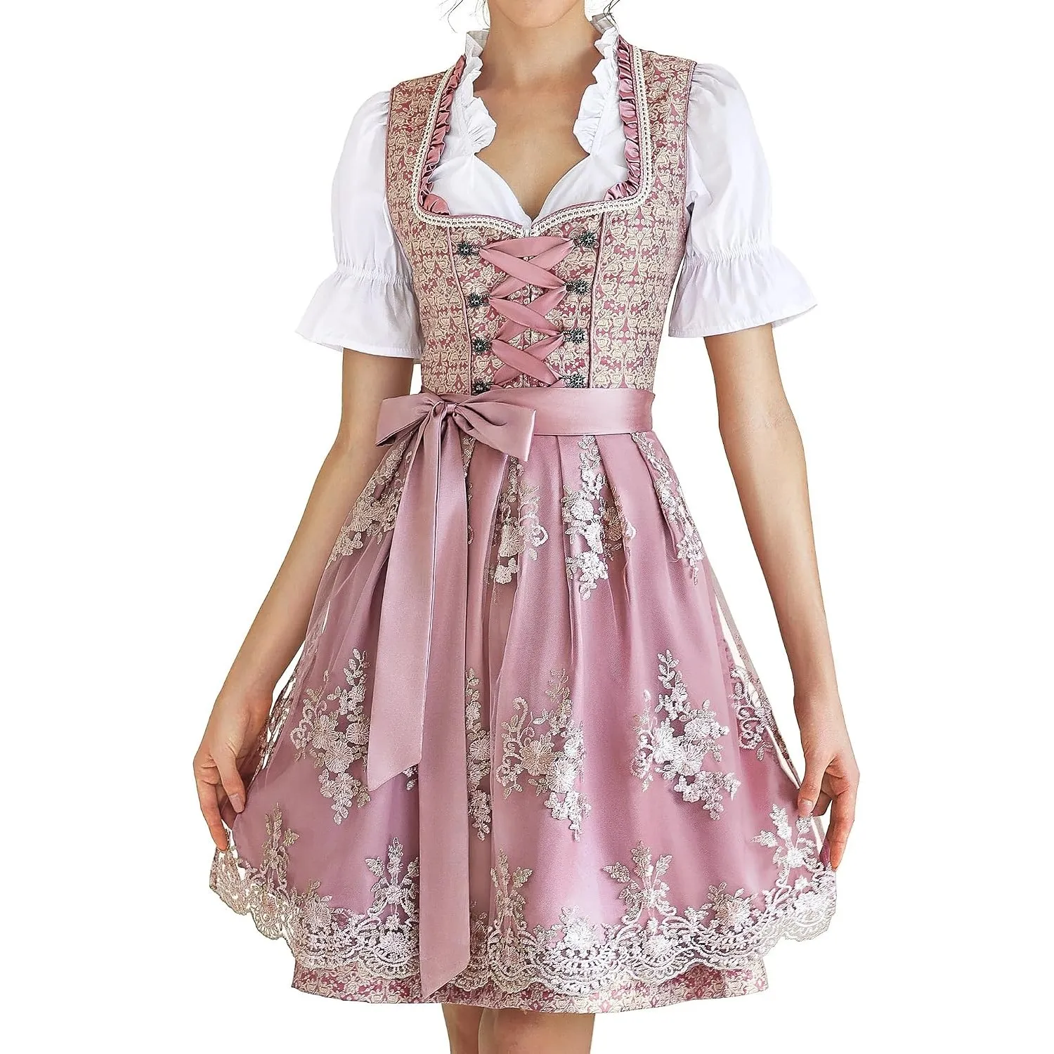 EIISSION Dirndl Damen Midi Trachtenkleid inkl. Trachtenrock Dirndlbluse Dirndlschürze für Oktoberfest Pink
