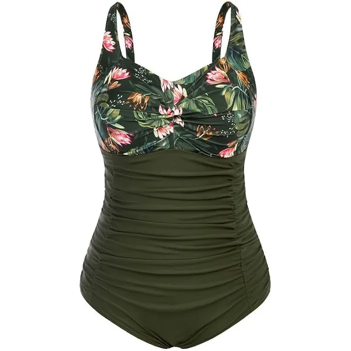 Hanna Nikole Damen Große Größen Einteiliger Badeanzug Bauchweg Bademode Swimsuit V-Ausschnitt Ruched Monokinis