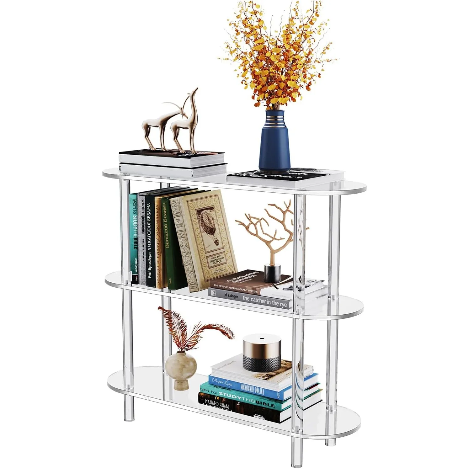 Acryl Konsolentisch Schmal, Acryl Bücherregal mit offenem Regal, Freistehend (3 Etagen Transparent)