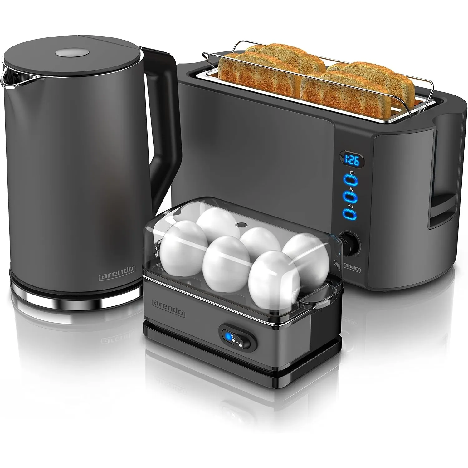Arendo - Wasserkocher mit Toaster SET und Eierkocher, Edelstahl Cool Grey Wasserkocher 1,5L 40° 100°C Toaster 4 Scheibe…