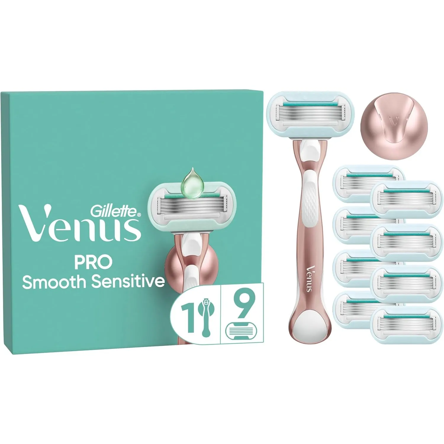 Gillette Venus Pro Smooth Sensitive Rasierer Damen, Metall, Rosegold - Damenrasierer für Empfindliche Haut, Inkl. 9 Ras…