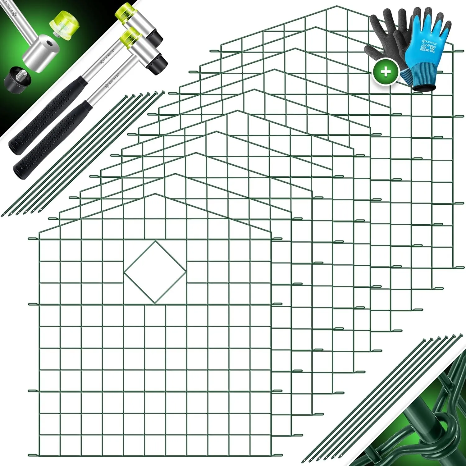 KESSER® Teichzaun Gartenzaun Steckzaun Komplettset Metall 10x Oberbogen Spitz Inkl. Handschuhe, 2x Hammer + 12 Befestig…
