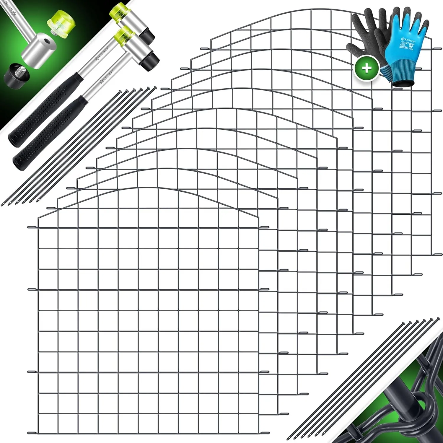 KESSER® Teichzaun Gartenzaun Steckzaun Komplettset Metall 10x Oberbogen Rund Inkl. Handschuhe, 2x Hammer + 12 Befestigu…