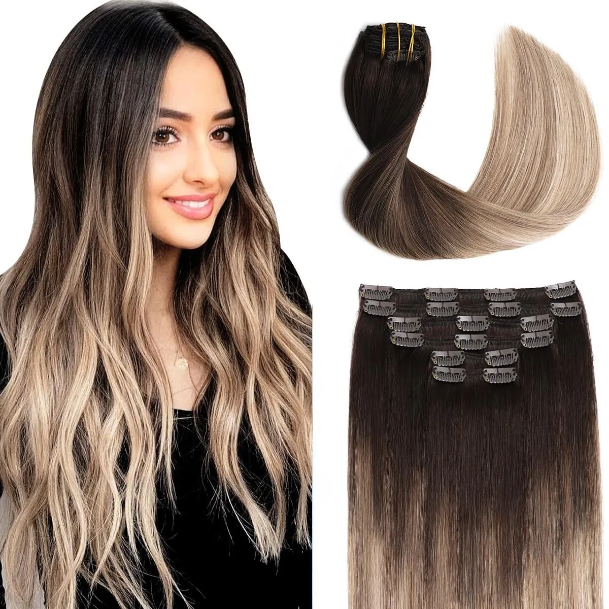Sindra Echthaar Extensions Clip Extensions Echthaar Balayage 50cm #2/6/18 | Clip in Hair Extensions, 6 Stück 120g, Dunk…