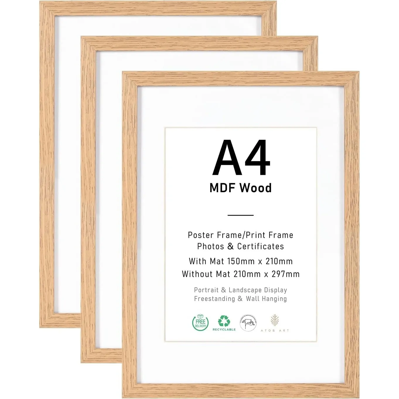 ATOBART Bilderrahmen A4 MDF Holz Natur, 21x29,7cm, 3er Set