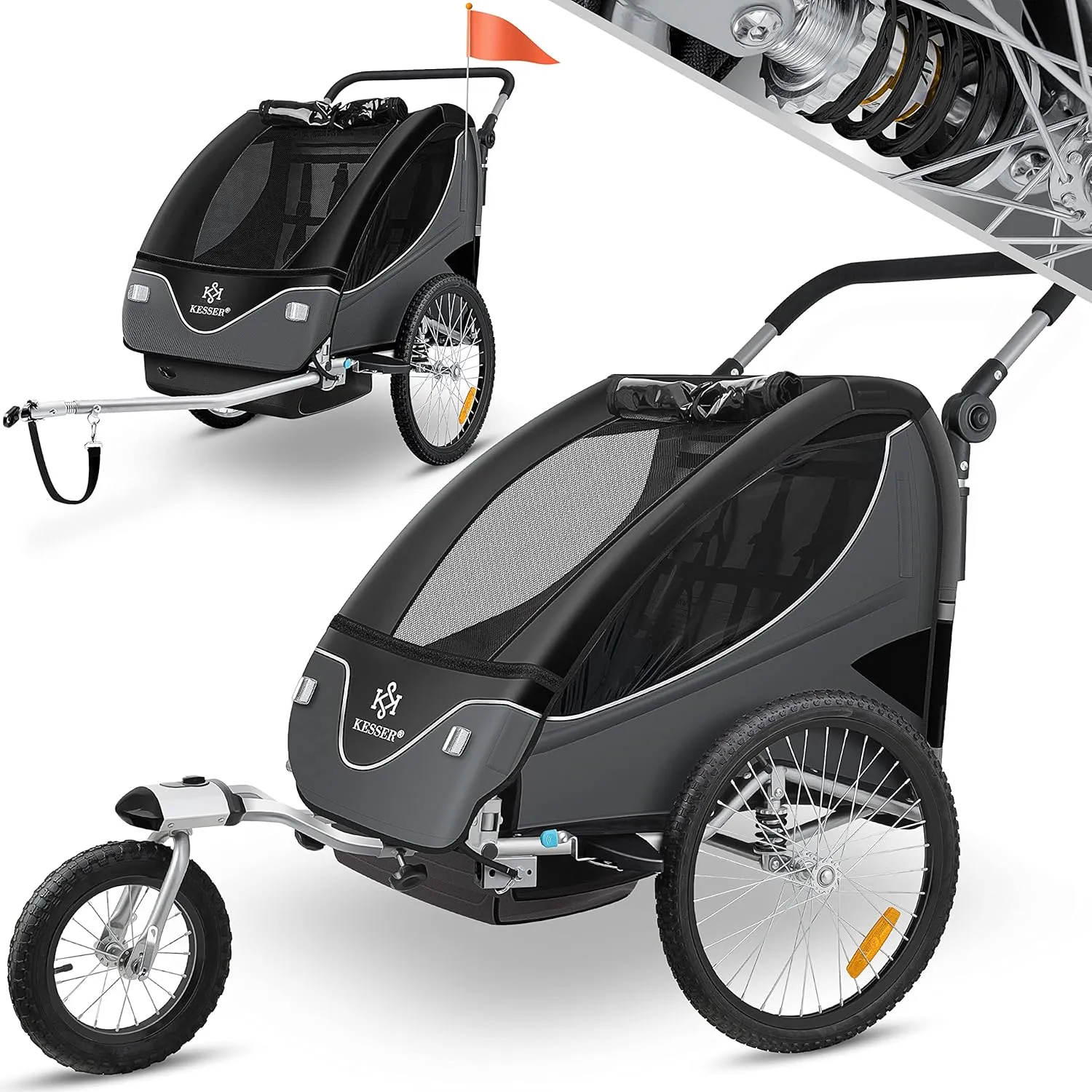 KESSER® Kinderanhänger Fahrradanhänger 360° Drehbar mit Federung 2in1 Joggerfunktion Kinderfahrradanhänger + 5-Punkt Gu…