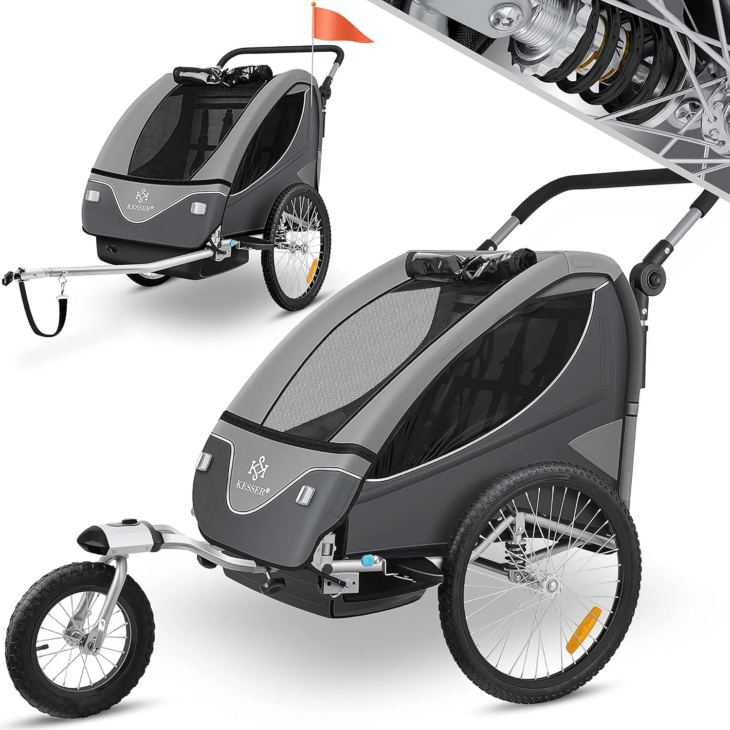 KESSER® Kinderanhänger Fahrradanhänger 360° Drehbar mit Federung 2in1 Joggerfunktion Kinderfahrradanhänger + 5-Punkt Gu…