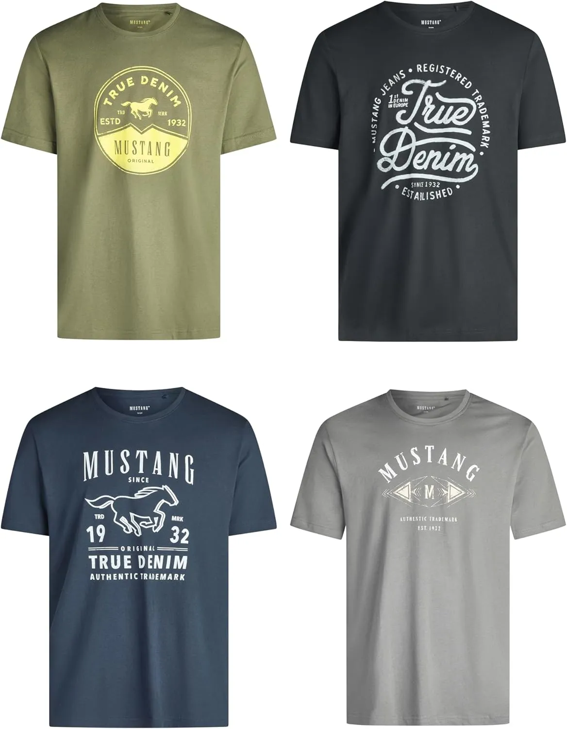 MUSTANG Tshirt Herren Baumwolle Regular Fit 4er Pack Set Rundhals Kurzarm Sommer Tee Shirt Logoprint Schwarz Weiß Grau …
