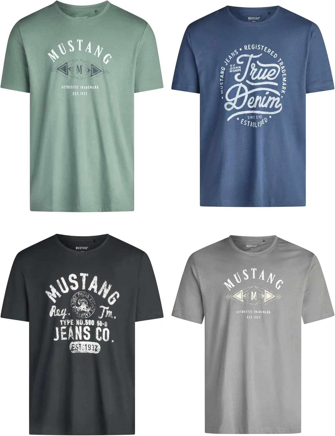 Mustang Men's T-shirt, Pack of 4, Front Print, Round Neck, Short Sleeves, Regular Fit, 100% Cotton, Black, White, Grey,…
