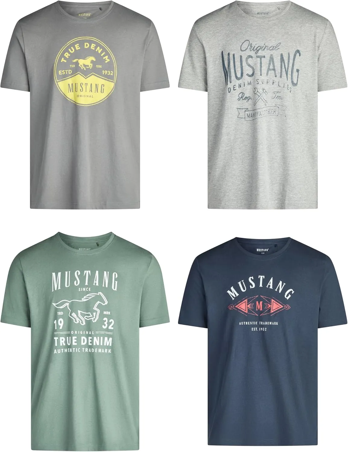 MUSTANG Tshirt Herren Baumwolle Regular Fit 4er Pack Set Rundhals Kurzarm Sommer Tee Shirt Logoprint Schwarz Weiß Grau …