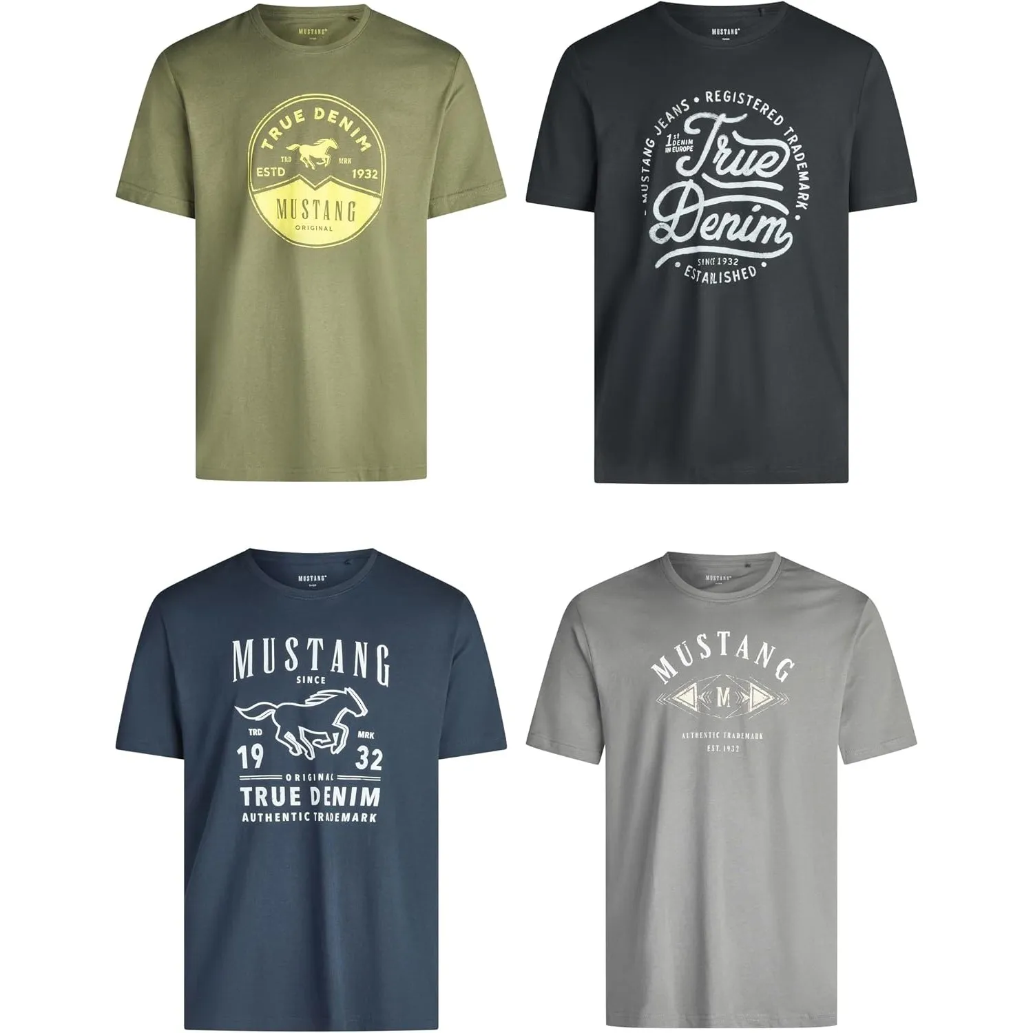 MUSTANG Tshirt Herren Baumwolle Regular Fit 4er Pack Set Rundhals Kurzarm Sommer Tee Shirt Logoprint Schwarz Weiß Grau …