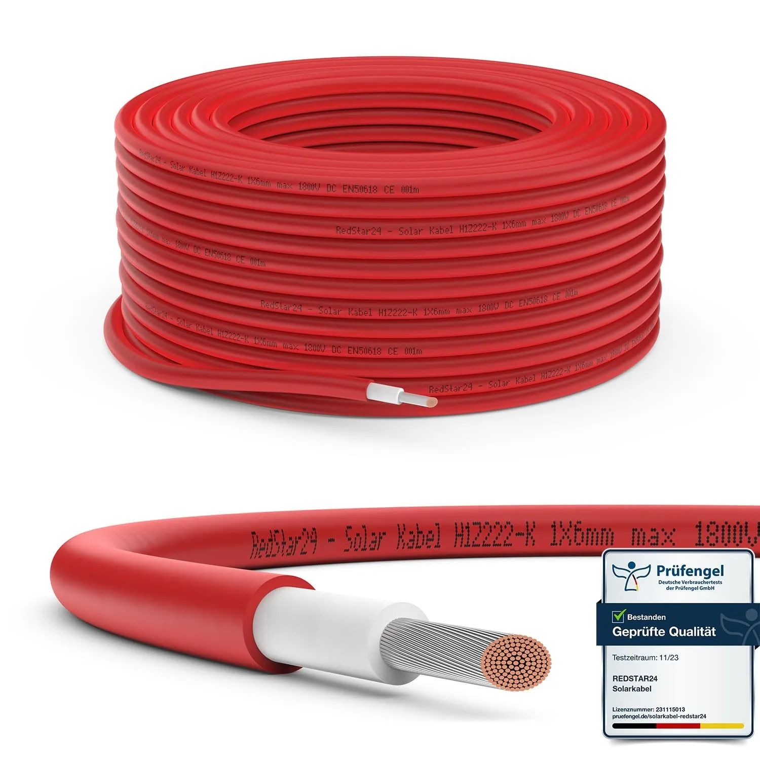 RedStar24 Premium Solarkabel 6mm² Rot - 20m - TÜV SÜD geprüft - UV-beständig, flexibel, Photovoltaik Kabel, PV Kabel, S…