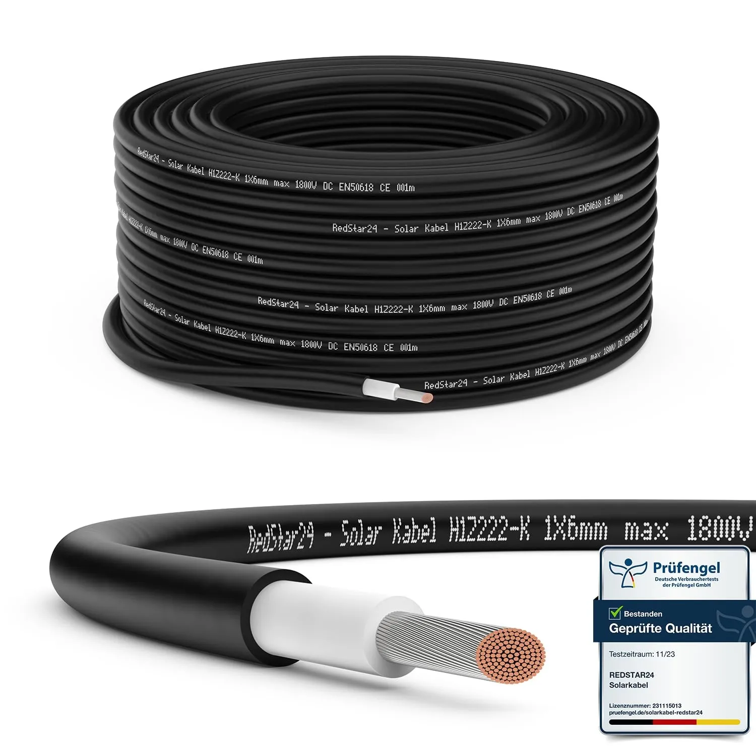 RedStar24 Premium Solarkabel 6mm² Schwarz - 20m - TÜV SÜD geprüft - UV-beständig, flexibel, Photovoltaik Kabel, PV Kabe…