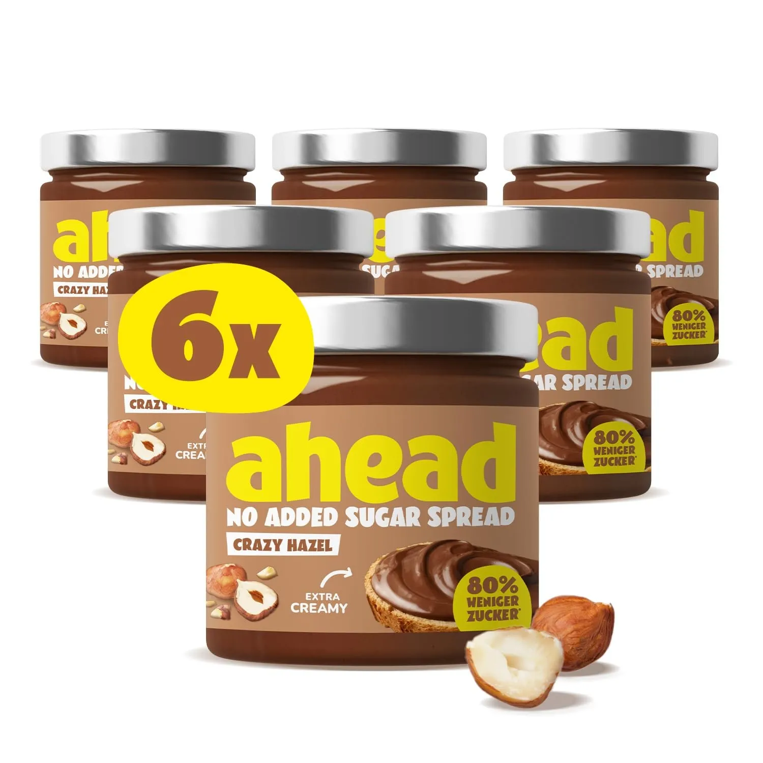 ahead CRAZY HAZEL | 6 x 200g Haselnusscreme ohne Zuckerzusatz | Super leckerer Schokoaufstrich mit 80% weniger Zucker* …