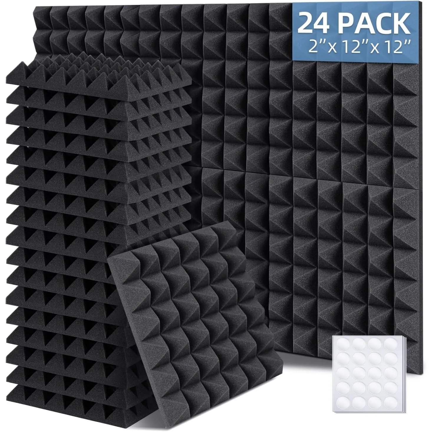 Ohuhu Schallschutzplatten 24 Stück mit Aufkleber, 30 x 30 x 5 cm Akustikschaumstoff Pyramidenplatten Schalldämmung Akus…