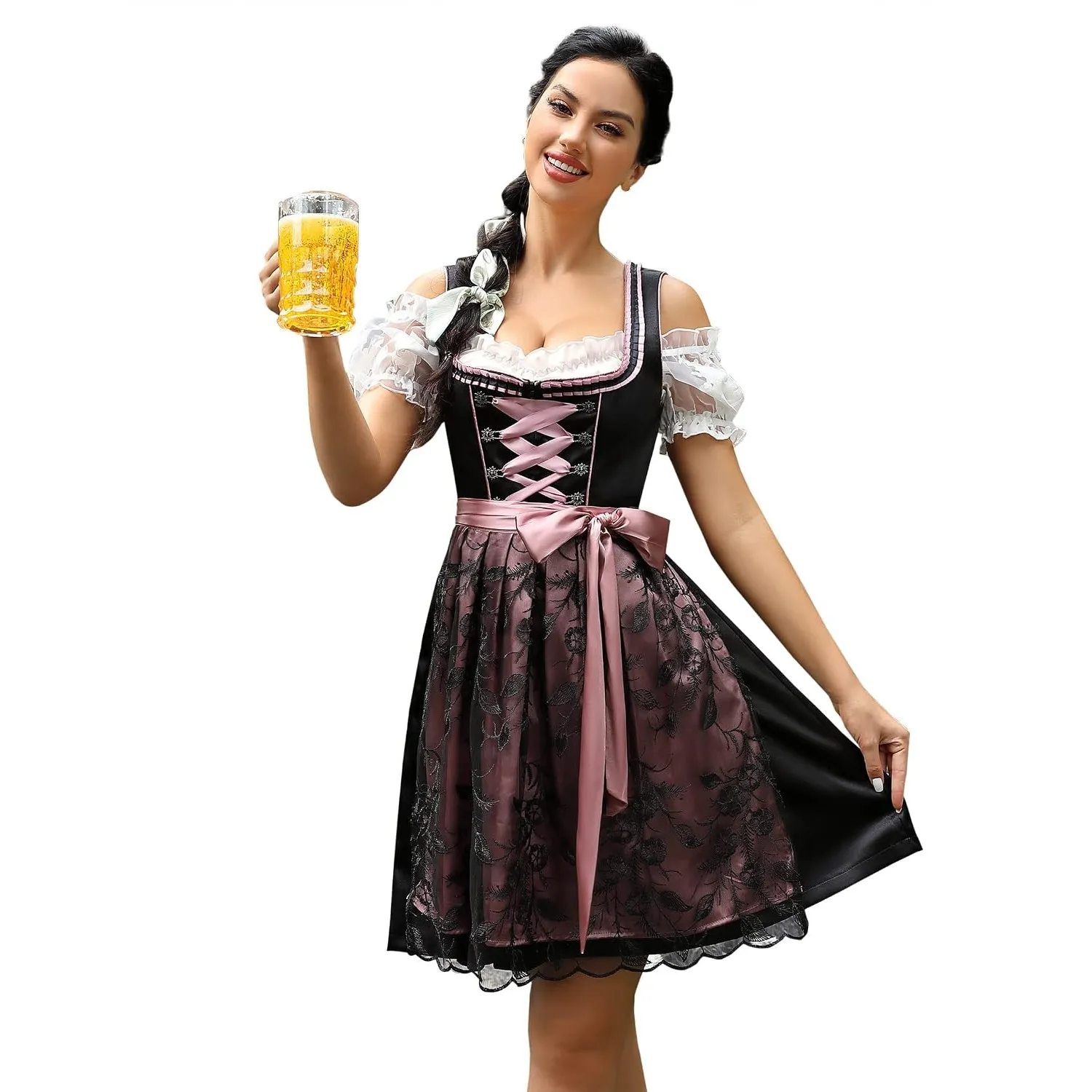 KOJOOIN Trachtenkleid Damen Dirndl Kurz Midi 3tlg. für Oktoberfest-DREI Teilig: Kleid, Bluse, Schürze