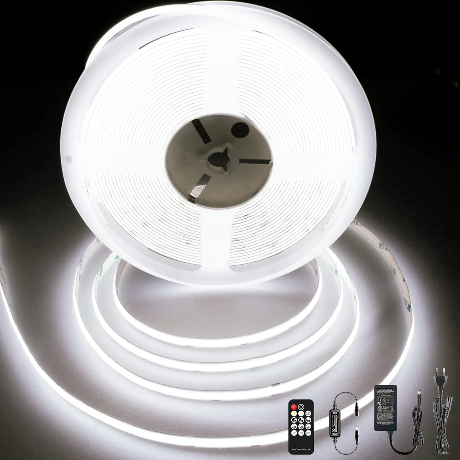COB LED Streifen 10M Kaltweiß, 384 LEDs/m, Sehr Helle LED Strip mit Netzteil und Fernbedienung, CRI 92+, 8mm, 24V LED B…