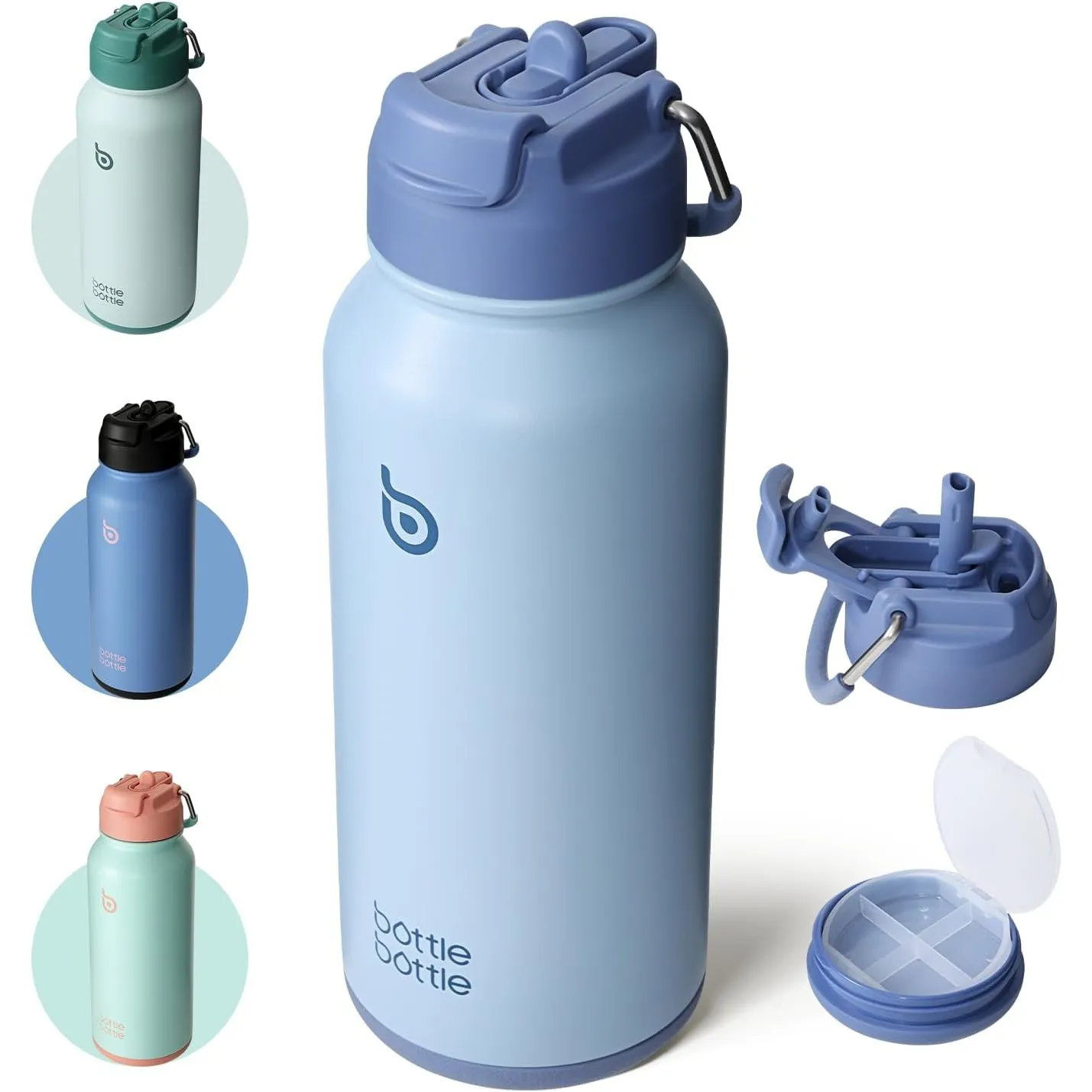 BOTTLE BOTTLE Edelstahl Trinkflasche 850ml Strohhalm&Pillenfach Sport Blau