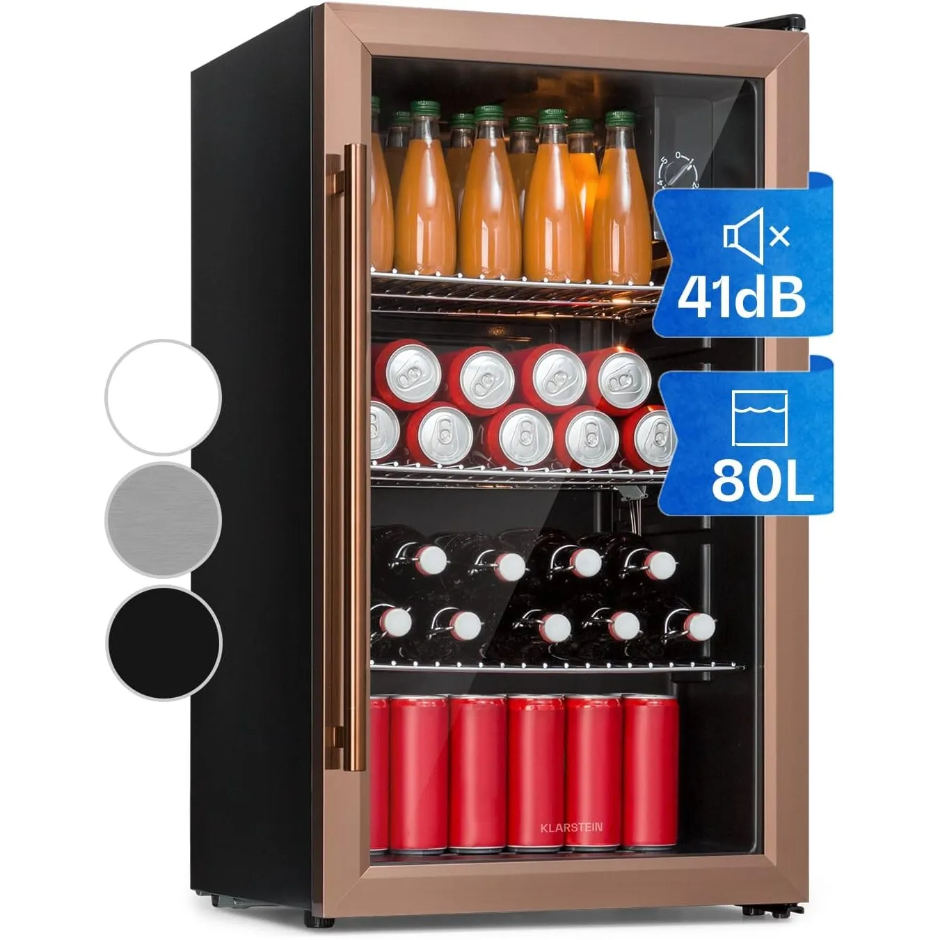 Klarstein Beersafe Getränkekühlschrank 80 L – Kühlschrank mit Glastür, Kupfer | LED-Beleuchtung, herausnehmbare Metalla…