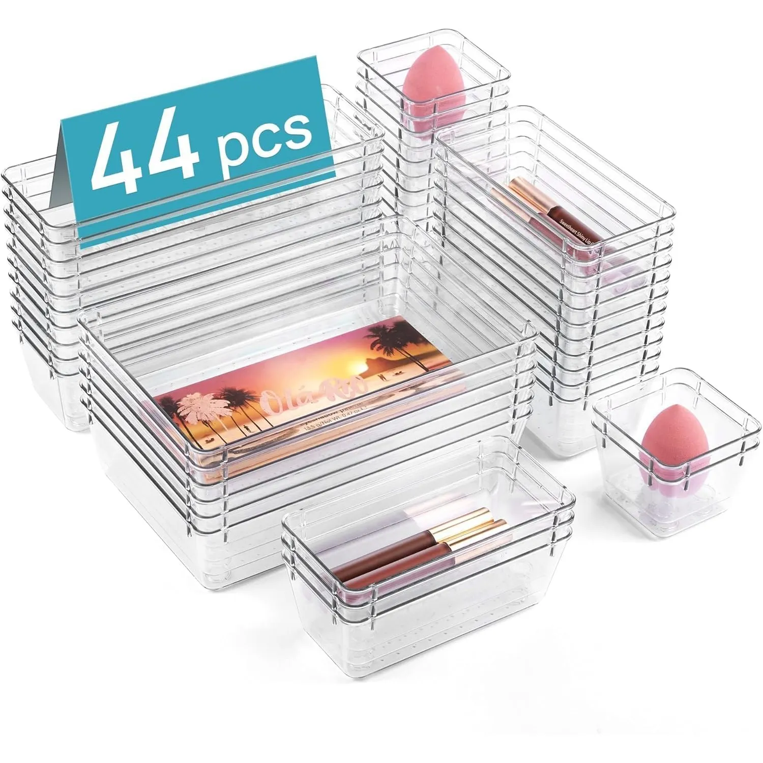 Vtopmart 44er Set Schubladen Organizer, 4 Größen für Makeup, Bad, Büro | Transparent und Stapelbar – Ordnungssystem für…