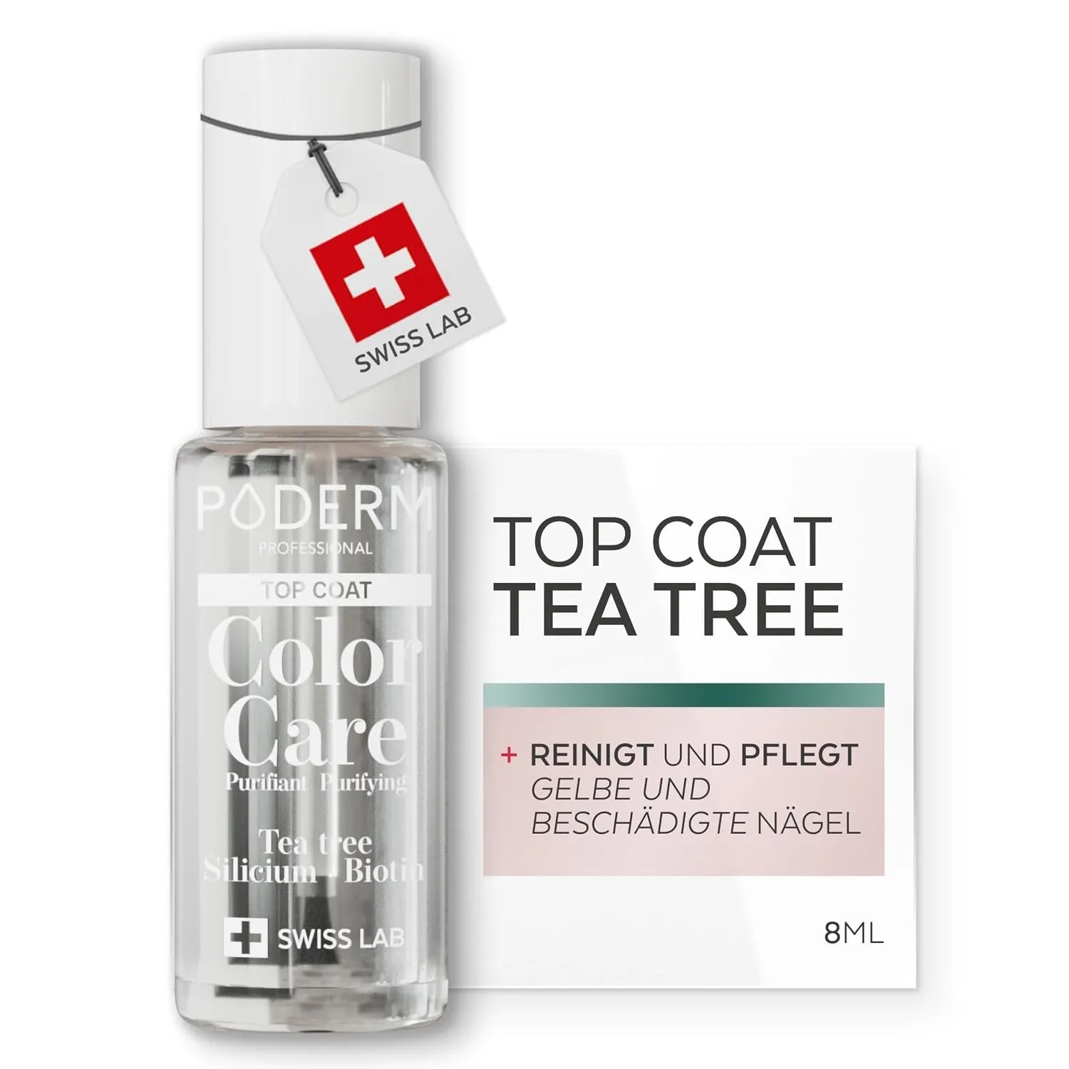 PODERM Pflegelack mit Tea Tree - Top Coat | Swiss Lab - 8ML | Angereichert mit Tea Tree, Silizium & Biotin | Reinigt, K…