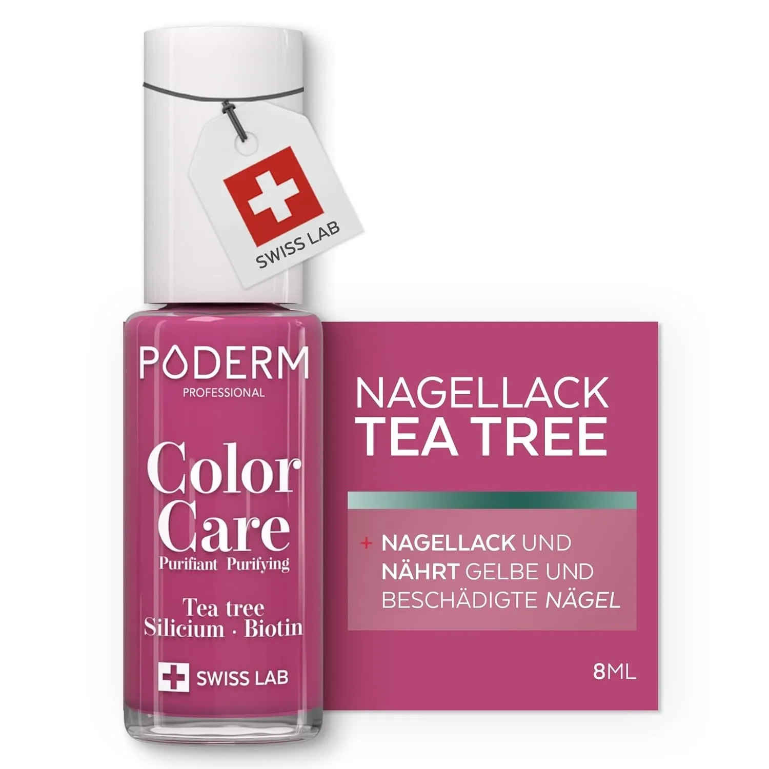 PODERM Pflegelack mit Tea Tree - Himbeere | Swiss Lab - 8ML | Angereichert mit Tea Tree, Silizium & Biotin | Reinigt, K…